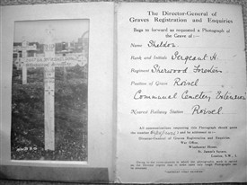 Photo:The original wooden cross on Harry Sheldon's grave at Roisel in a photograph sent from the War Office, before a permanent headstone was installed