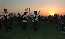 Photo:Dancing "Castle Hill" at Laxton castle mound, sunrise at 5.28 am on 1st May 2011
