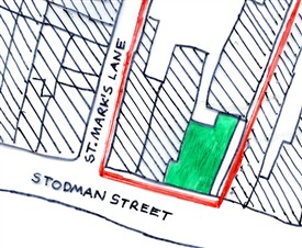 Photo:Sketch map showing the Royal Oak (shaded green) on Stodman Street, Newark