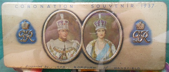 Photo:A Coronation souvenir from 1937. A line at the bottom of the box says it was presented by the Borough of Mansfield.  But who were such tine presented to, and what was inside them?