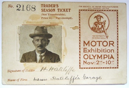 Photo:Mr Hatcliffe's Season Ticket to the 1923 Motor Show at Olympia