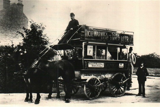 Photo:Charnwood Grove horse bus c.1890s featuring advertsing fror Richard Warwick & Sons