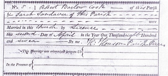 Photo:Marriage of Robert Barlow Cook and Sarah Sandaver recorded in the Southwell Minster parish registers, 2nd April, 1807