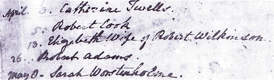 Photo:The burial of Robert Cook, recorded in the Southwell Minster parish registers on 5th April 1807 - three days after his marriage