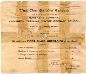 Photo:Thomas Anderson's certificate having passed his grenade training at Ripon
