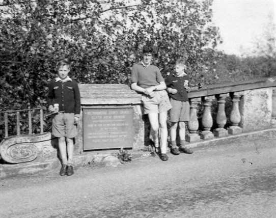 Photo:Malcolm Marples with cousins Brian and David Stevens on Blyth New Bridge near Walts Cafe where they had cycled to.