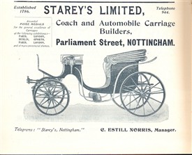 Photo:The image may be of a horse-drawn carriage, but this advert for Stareys Ltd from 1904 already identifies them as builders of "automobile carriages".