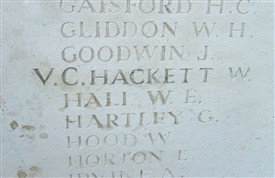 Photo:William Hackett's name on the Ploegsteert Memorial