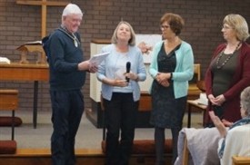 Photo:Councillor Chris Rice Mayor of Stapleford being presented with one of the books by (left to right) Janet Cross, Cheryl Cooper & Sharon Bosworth at our monthly U3A meeting.