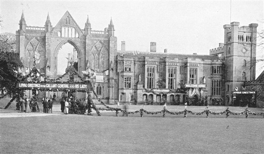 Photo:Newstead in 1900.  The decorations and garlands (it has been suggested) are in honour of the return of local hero Major General John Talbot Coke from the Boer War.  The village of Spion Kop near Mansfield Woodhouse is named in honour of Coke. The Major along with his family had long associations with Mansfield and Mansfield Woodhouse. (His father was Colonel Edward Thomas Coke of Debdale Hall.) Major General Coke was born in August 1841 at Brimington Hall and he died in February 1912. He entered the army at the age of 17 and served for 42 years, he served with some distinction in the South African War of 1899-1900 (The Boer War). On the 23rd January 1900 he and his soldiers defended a place in South Africa called Spoin Kop, it is his victory in this battle that resulted in Spion Kop being named in his honour.