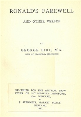Photo:Title page of the 1930 reprint (by J. Stennet of Newark) of Bird's first collection of verses.