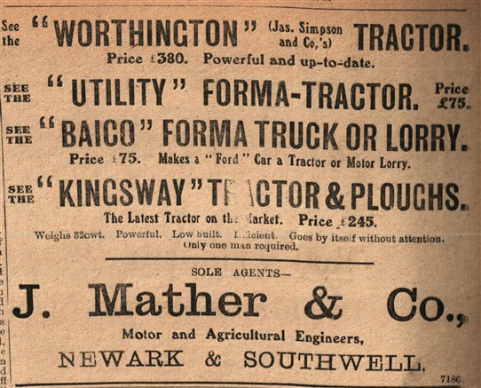 Photo:This advert from August 1917 shows (at the top of the list) the 'Worthington' Tractor made(?) by Jas. Simpson & Co [of Balderton].  We know that Simpsons imported "INGECO" barn engines from the USA, and that J. Mather & Co. were one of the agents.  INGECO also made tractors - See below