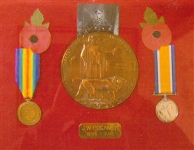 Photo:James Creamer's war medals.  The plaque reads J.W. Creamer 1894-1918