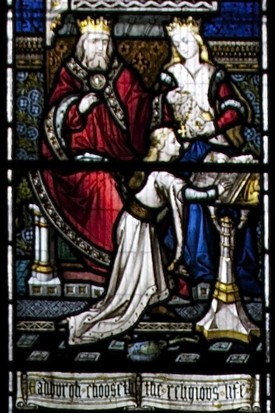 Photo:Victorian stained glass showing St Eadburgh and her parents