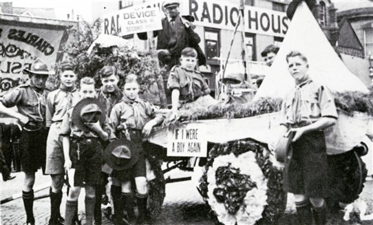 Photo:4.  Class B devices featured non-religious themes.  Here Charles Street Methodists won second prize in c.1937 for their Class B entry 'If I were a Boy Again'.  Pictured on the wagon are Jack Hardy (behind tent) and Jack Dring (sitting).  Standing left of the wagon are Owen Robb (far right) and Laurie Bryan (with hat).